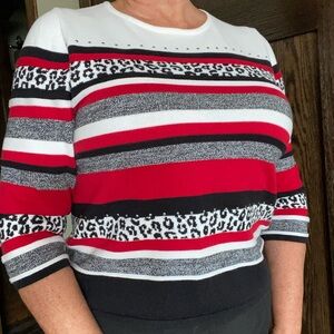 Alfred Dunner Red, Black & White Striped Crewneck Sweater